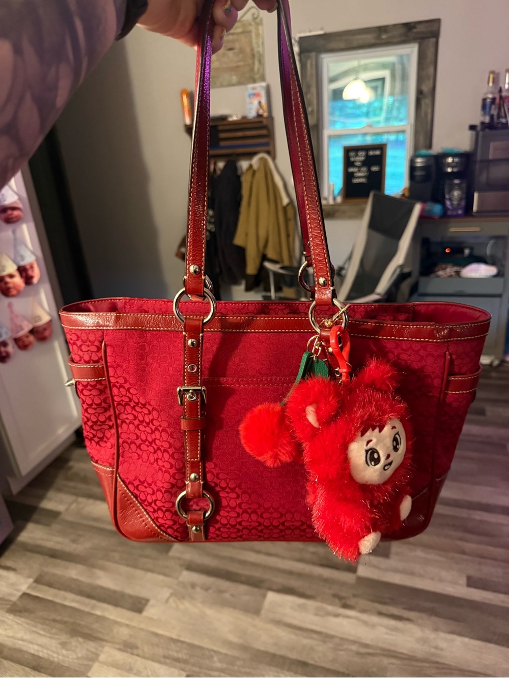 Coach Red Signature Tote with Red Plush Charm